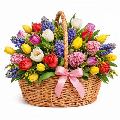 Корзина цветов с тюльпанами и гиацинтом «Летний вальс»