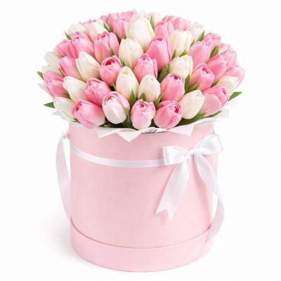 Цветы в коробке с тюльпанами