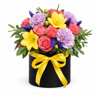 Цветы в цилиндрической коробке «Солнечный микс»