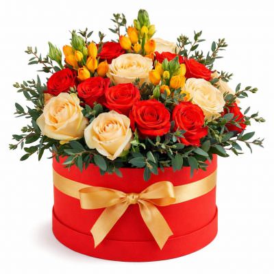 Букет в шляпной коробке «Яркий акцент»