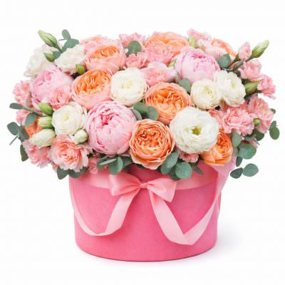 Букет в шляпной коробке «Розовая фантазия»