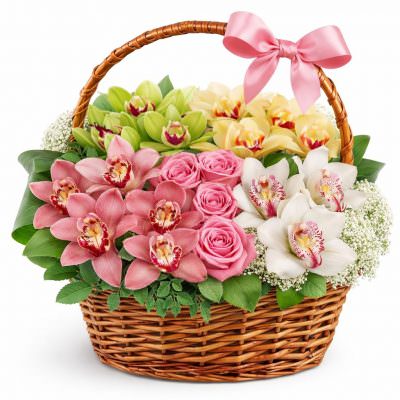 Корзина с орхидеями и розами «Весенний ветер»