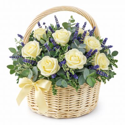 Цветы в корзинке с белыми розами «Солнечное Утро»