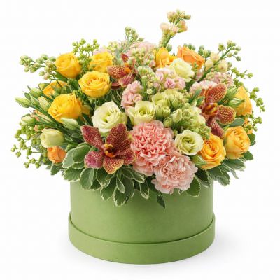 Цветы в цилиндрической коробке «Солнечная палитра»