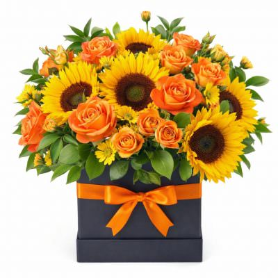 Букет в шляпной коробке «Яркий день»