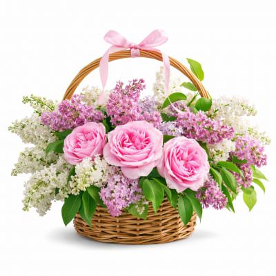 Корзина с розами и сиренью «Нежный рассвет»