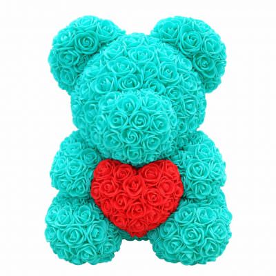 Мишка из роз бирюзовый с красным сердцем (40 см)