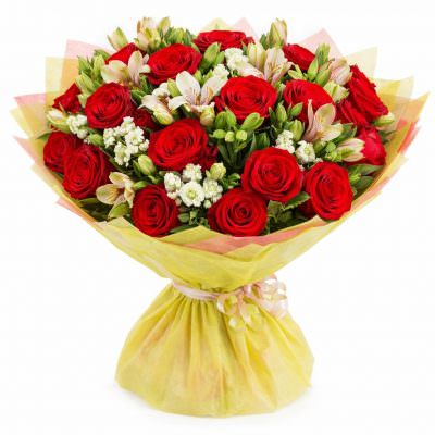 Букет из красных роз и гвоздик «Алая мечта»