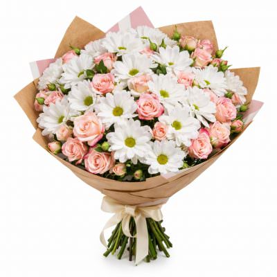 Букет с розами и хризантемами «Розовый флирт»