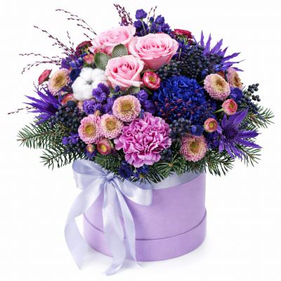 Шляпная коробка с пионами «Сиреневое чудо»