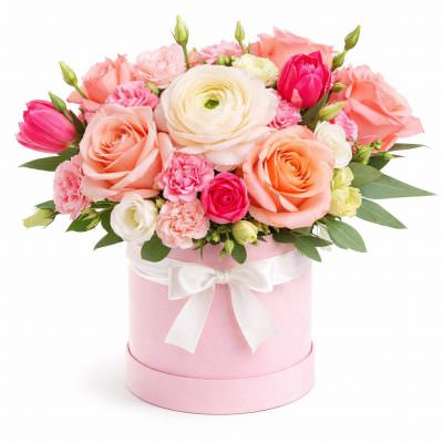 Шляпная коробка с розами «Розовый закат»